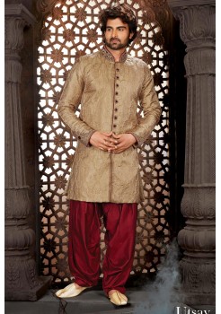 Designer Brocade Rust Cream Indo Western Sherwani